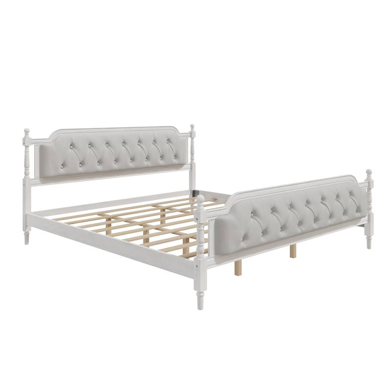 King Size Solid Wood Bed Frame with Tufted Headboard, No Box Spring Needed, Antique White