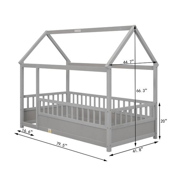 dimension image slide 0 of 3, Wooden Floor Bed with House Roof Frame and Guardrails