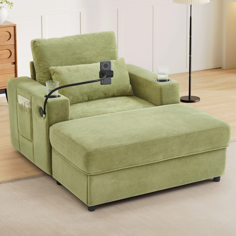 Modern Style Armchair 42.5" Chaise Lounge Sofa Couch with a Movable Storage Ottoman, Two USB Ports, Two Cup Holders