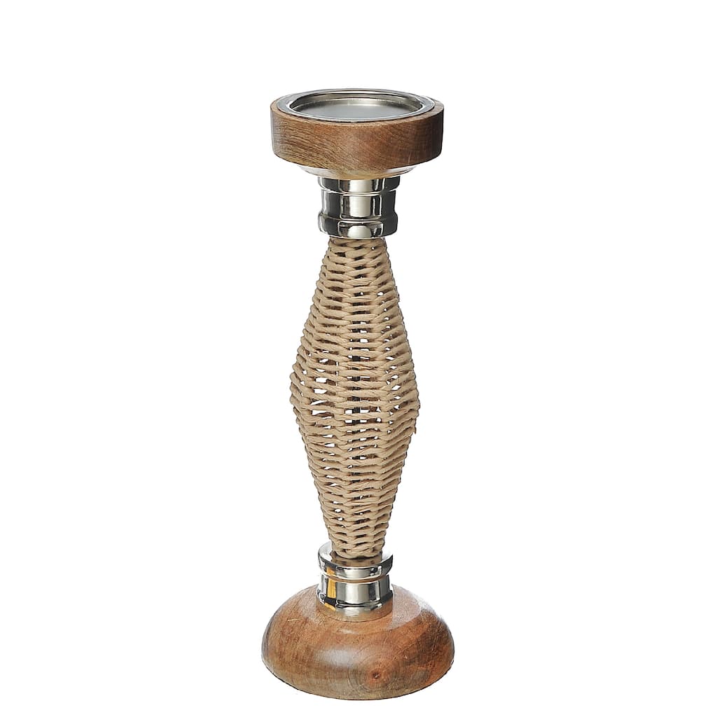 Diamond Raffia Metal Pillar Candlestick 14"