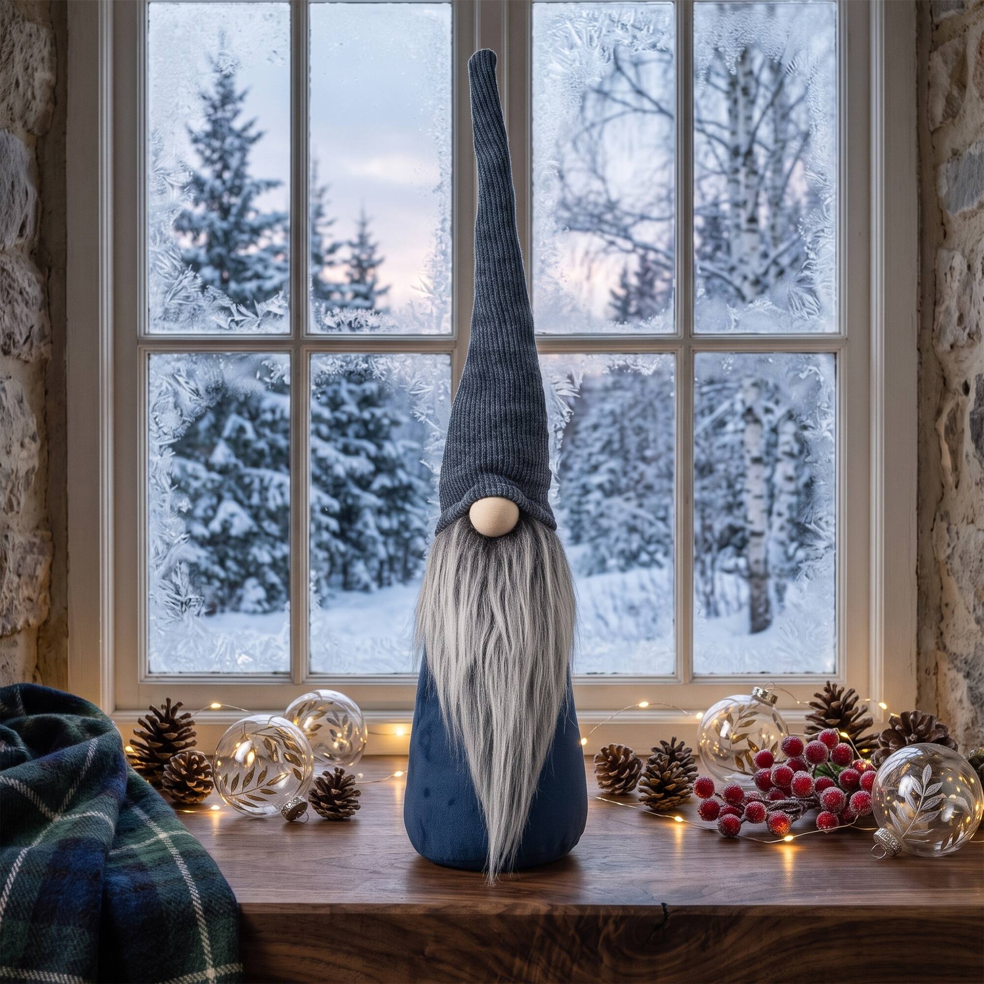 Standing Christmas Gnome with Textured Line Hat Figure - 19" - Navy Blue