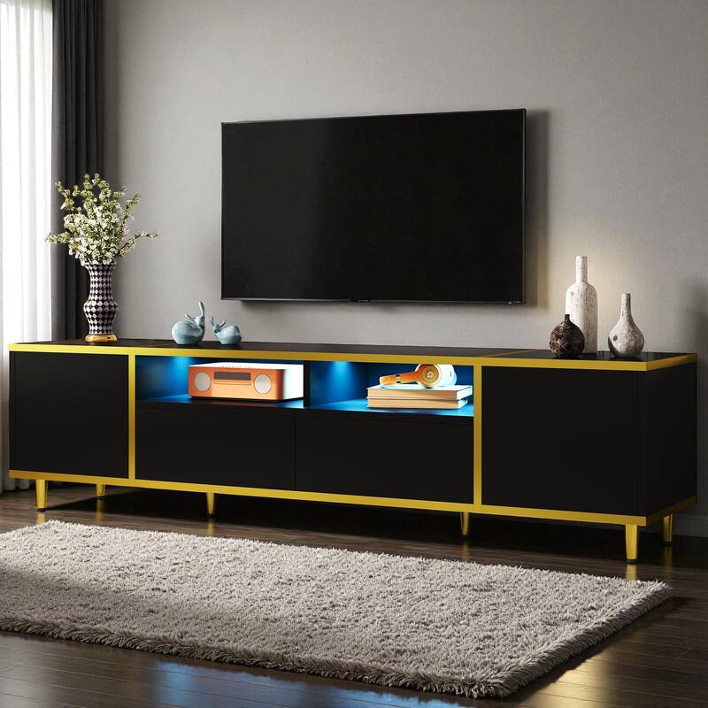 70.9'' Modern TV Stand for TVs up to 80'', Entertainment Center with LED Lights, 2 Cabinets, 2 Drawers & Metal Legs