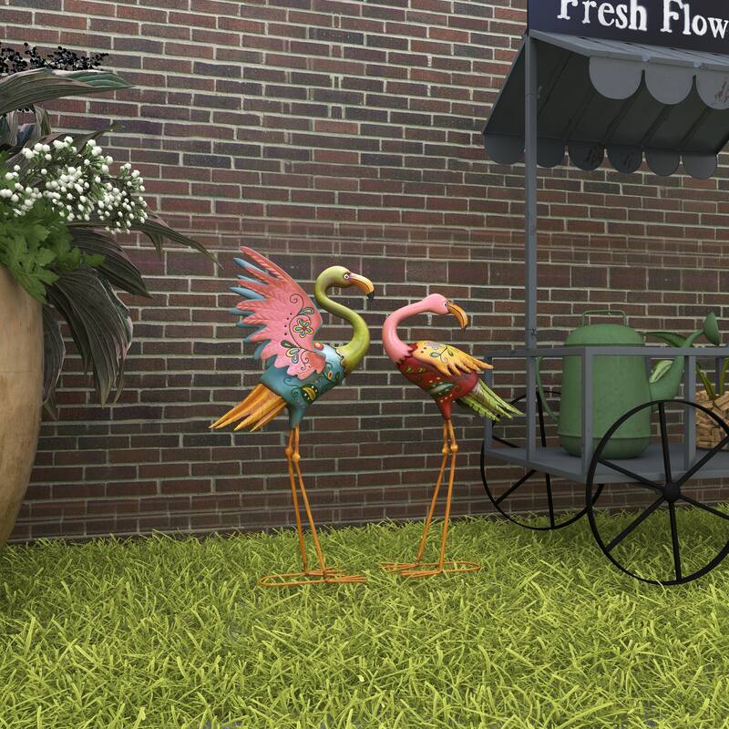 Multi Colored Metal Indoor Outdoor Embossed Standing Flamingo Decorative Garden Sculpture with Coiled U Shaped Feet (Set of 2)