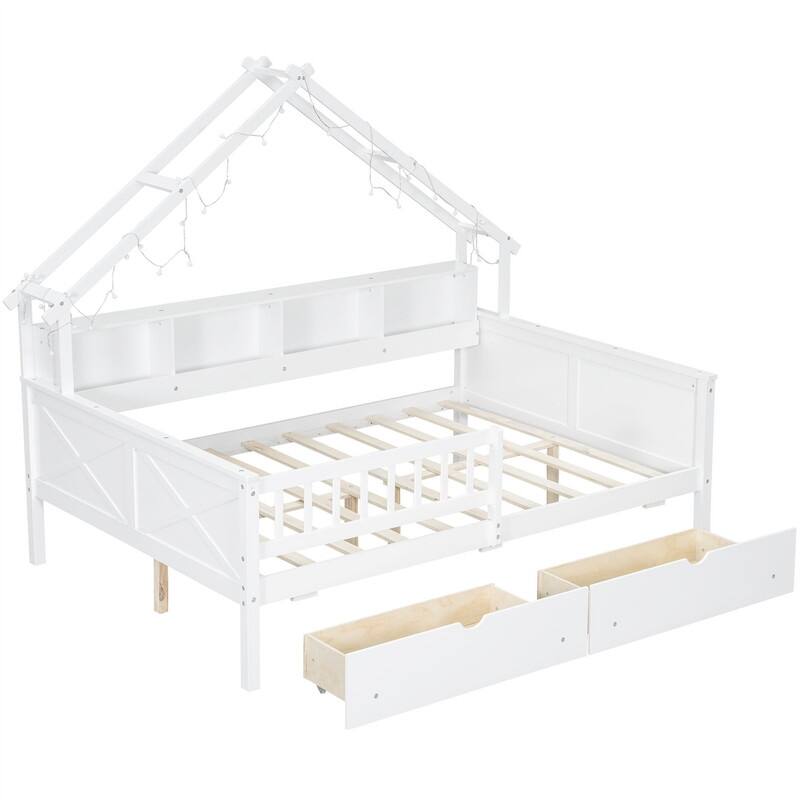 Wooden House Platform Bed with LED Light and 2 Storage Drawers, Full Size Daybed Sofa Bedframe with Storage Shelves & Guardrail