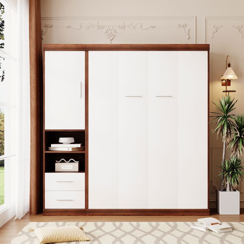 Full Size Murphy Bed Wall Bed with Cabinet,White