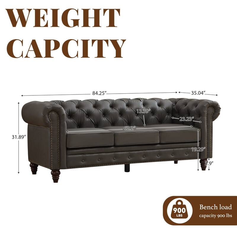 Vintage PU Button-Tufted Sofa Couch, Flared Arms, Rubberwood Legs & Nailhead Trim