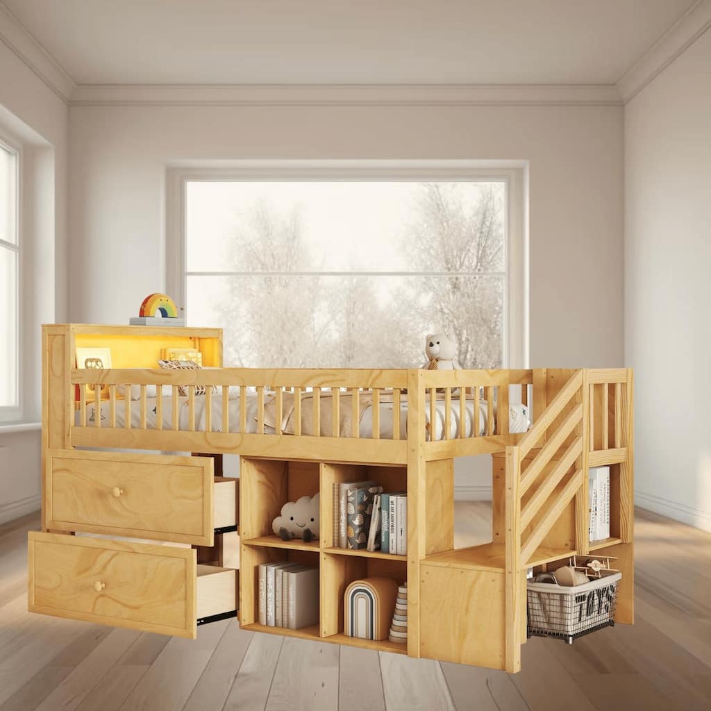 Twin Size Wooden Loft Platform Bed Frame with LED Lights, Bookshelf, Stairs, and Storage Drawers, Perfect for Kids Bedrooms