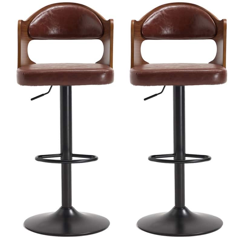 PU Leather Upholstered High-resilience Cushion 360° Swivel Adjustable Height Bar Stools with Footrest(set of 2)
