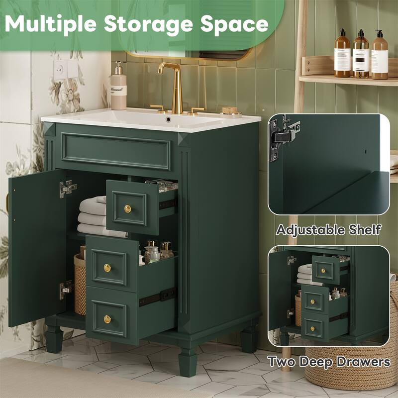24" Bathroom Vanity with Ceramic Sink and 2 Drawers, Adjustable Shelf