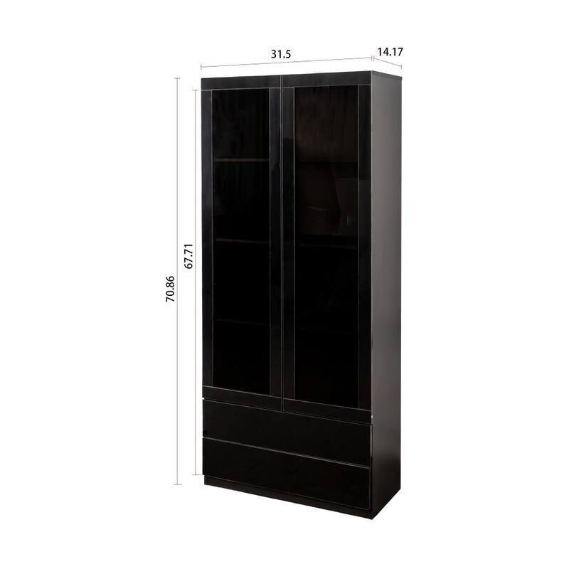 Wooden Bookcase Storage Display Cabinet with Shelves and Drawers, LED Lights
