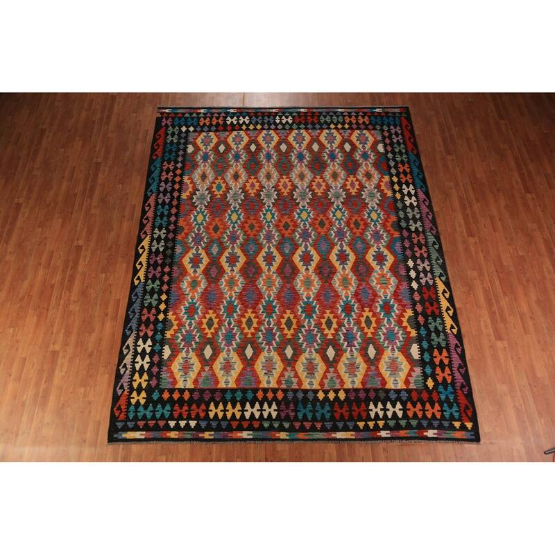 All-Over Geometric Kilim Area Rug Hand-Woven Wool Carpet - 8'11"x 11'5"
