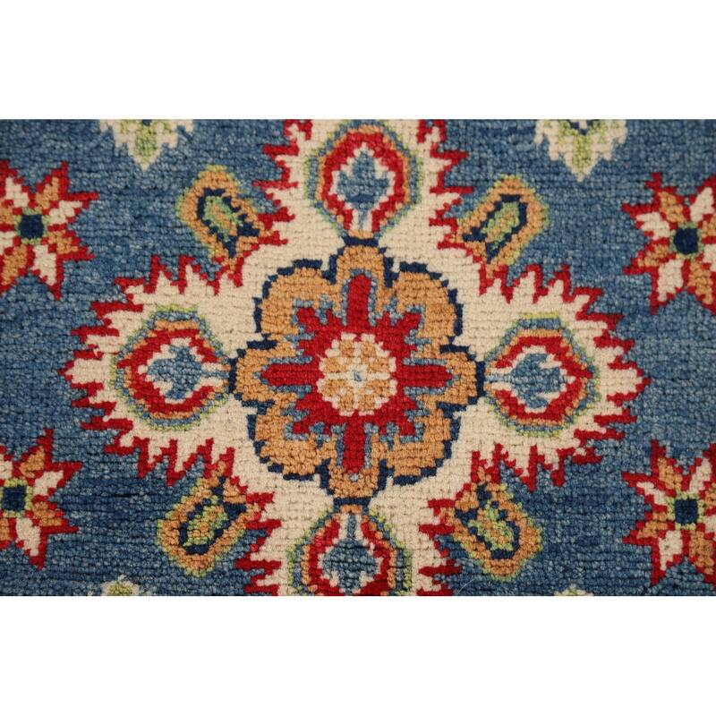 Hand Knotted Oriental 100% Wool Carpet Traditional Geometric Navy Blue & Blues Kazak Area Rug - 2' 11'' X 1' 11''