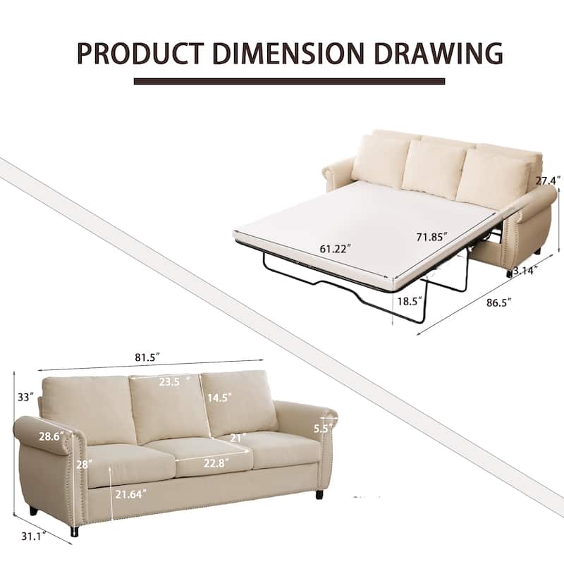 Sleeper Sofa Daybed, Pull Out Couch with Mattress, 3-in-1 Seater Upholstery Sectional Couches Convertible Sofa Bed - Beige