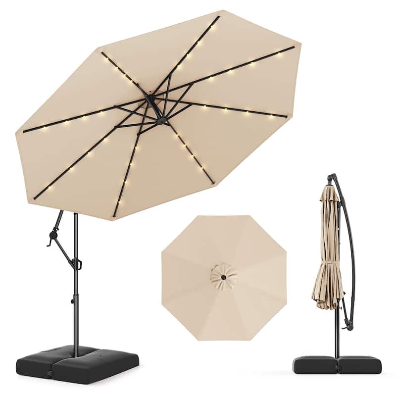 Gymax 10 FT Solar Offset Hanging Umbrella Patio Cantilever Umbrella w/ - Beige