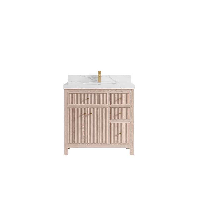 Willow Collections 36 x 22 Sonoma Oak Wood Center Sink Left Bathroom Vanity with Quartz or Marble Countertop - 2"Calacatta Laza - White Oak