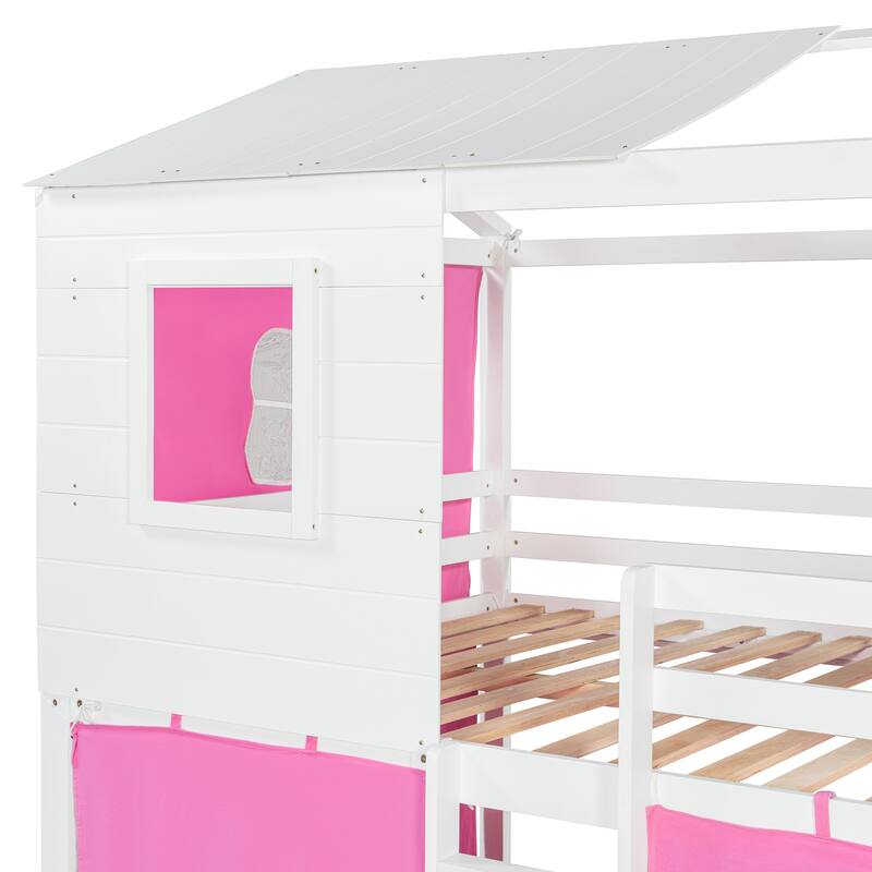 Full Size Kids Playhouse Bunk Bed with Tent Wooden Frame and Sliding Window