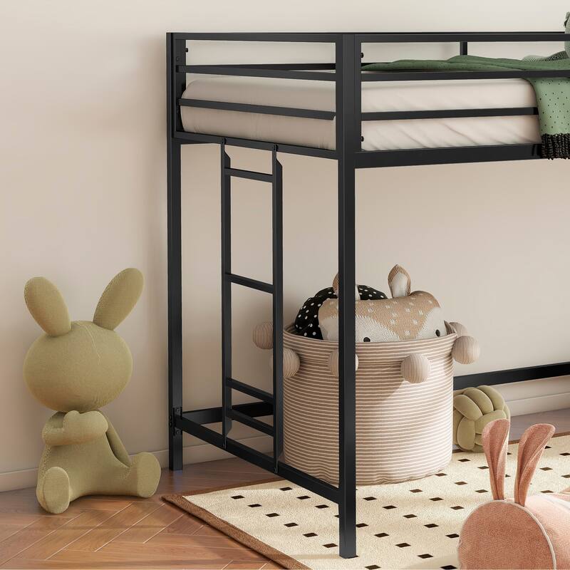 Space-Saving Junior Twin Loft Bed with Ladder & Guardrails for Kids - Black Metal Frame, No Box Spring Needed