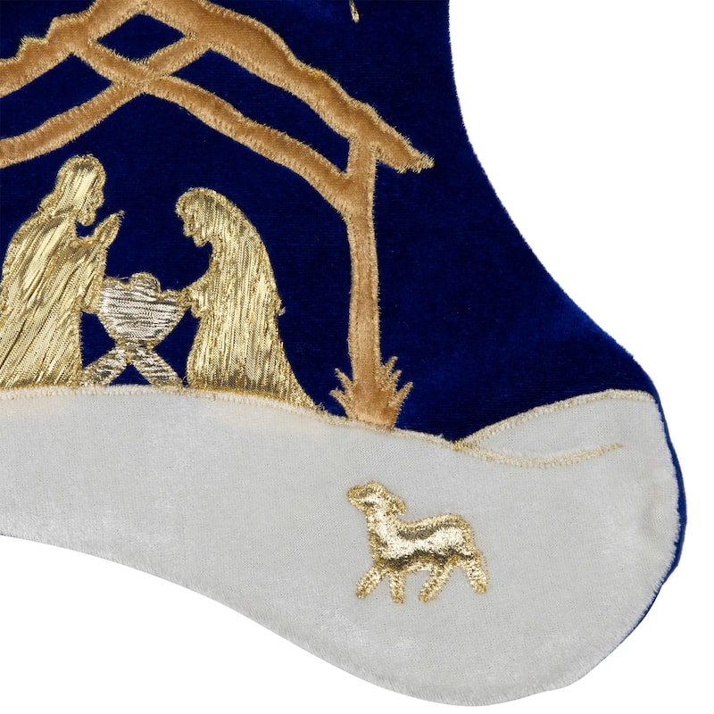 20.5" Blue and Gold Nativity Scene Christmas Stocking with Gold Cuff