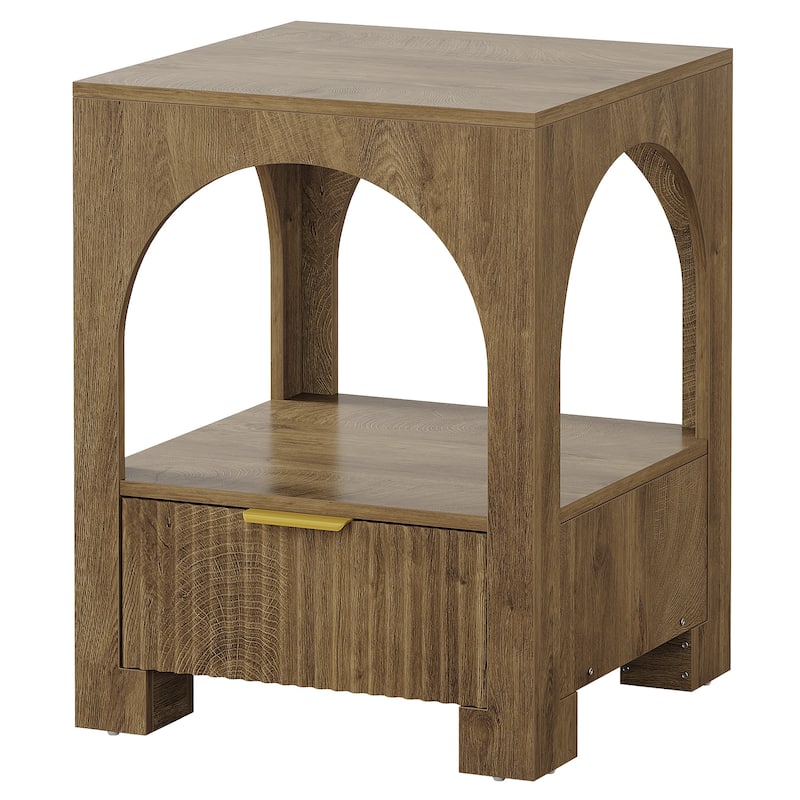 Wood Nightstand with Drawer & Open Shelf, 2-Tier Side Table, End Table, Bedside Table for Bedroom, Living Room