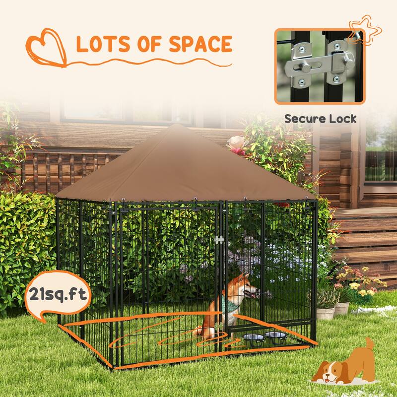 Black-Brown Metal Oxford Dog Playpen with Roof and Feeding Bowls - 55.2" L x 55.2" W x 60" H