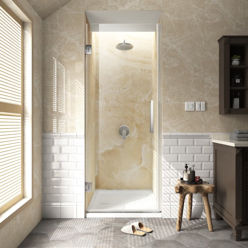 FELYL 29" W x 72" H Hinged Frameless Shower Door with Heat Soaking Process and Protective Coating Clear Glass