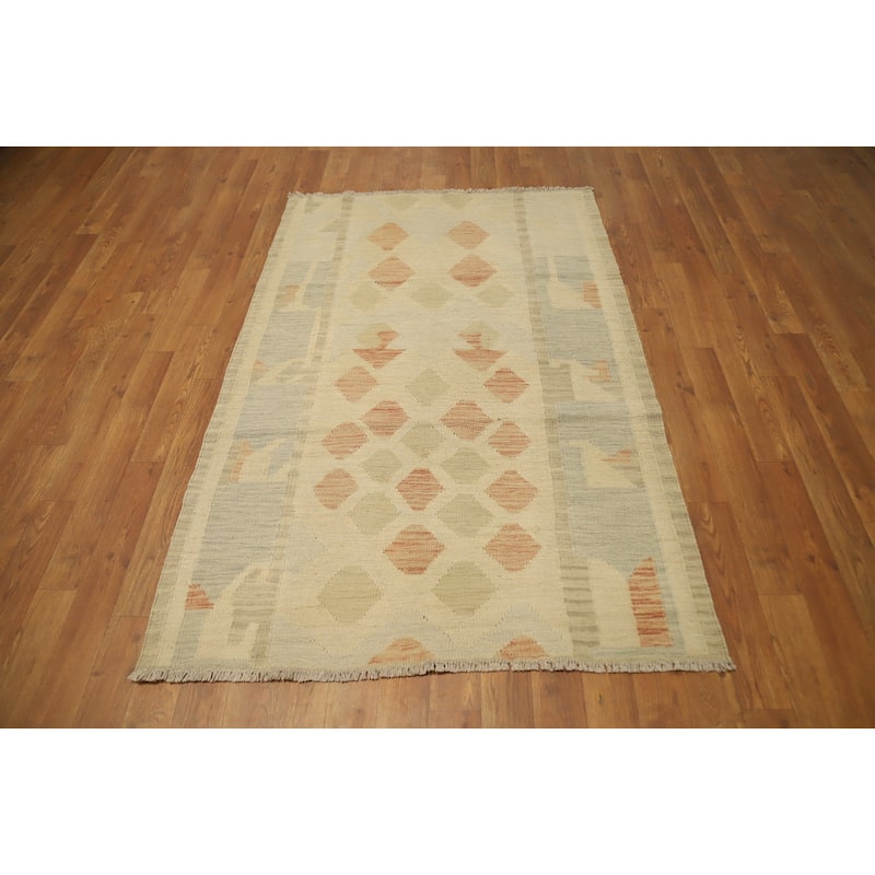 Hand Woven Oriental 100% Wool Carpet Southwestern Tribal Beige & Ivories Kilim Area Rug - 4' 11'' X 3' 3''