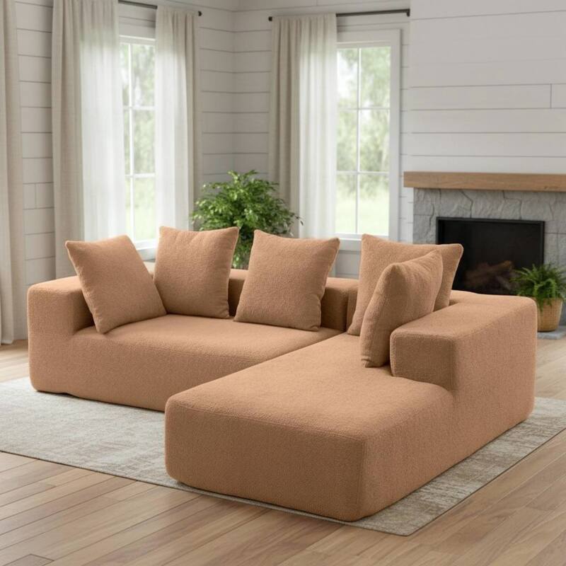L-Shaped Modular Sectional Sofa, Full Foam Compressed Deep Seat Sofa, Upholstered Corner Sofa with 5 Throw Pillows