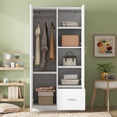 Minimalist 2-Doors Wardrobe Wooden Armoire with 5 Fixed Shelves and Storage Drawer