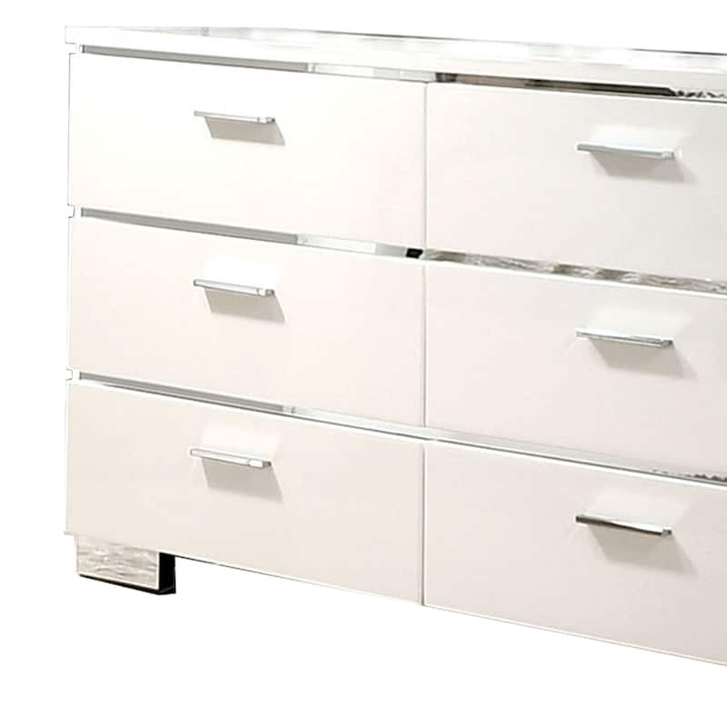 Wood and Metal Dresser with 6 Drawers and Block Leg, White and Silver