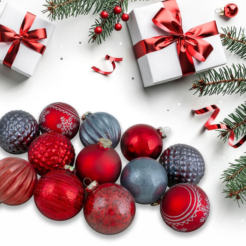 Set of 12 Red and Blue Finial and Glass Ball Christmas Ornaments - 3.25"