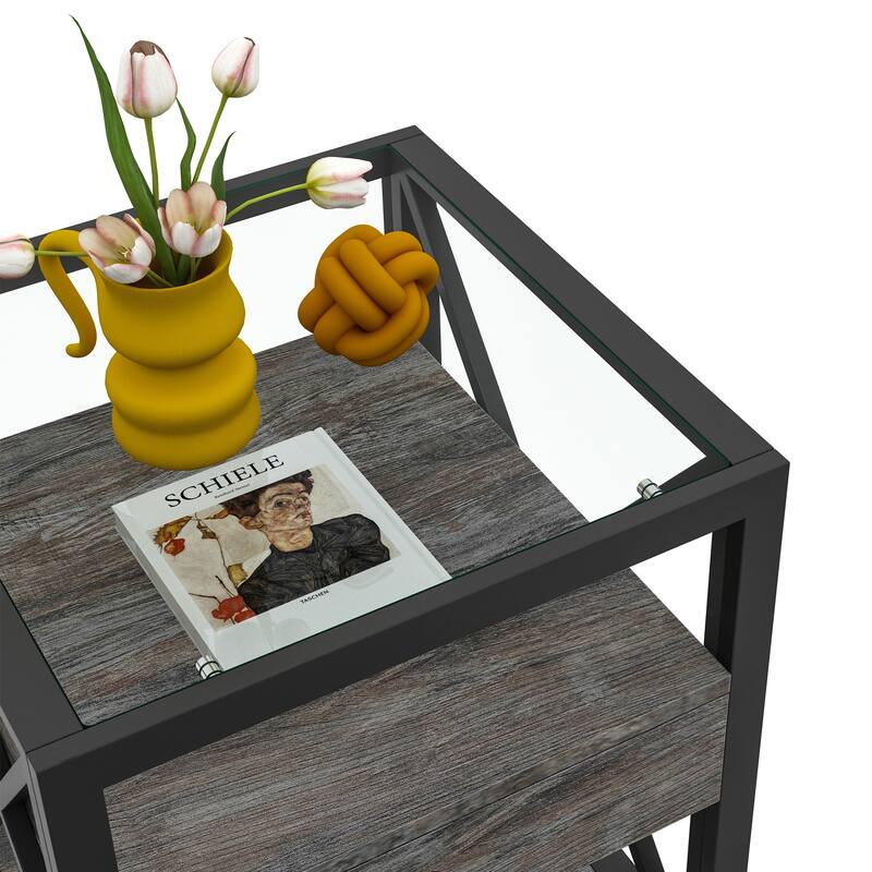 1 piece Modern End Table with Drawer - Nightstand,Rustic Wood Grain MDF& Tempered Glass Top,Industrial Style Side Table