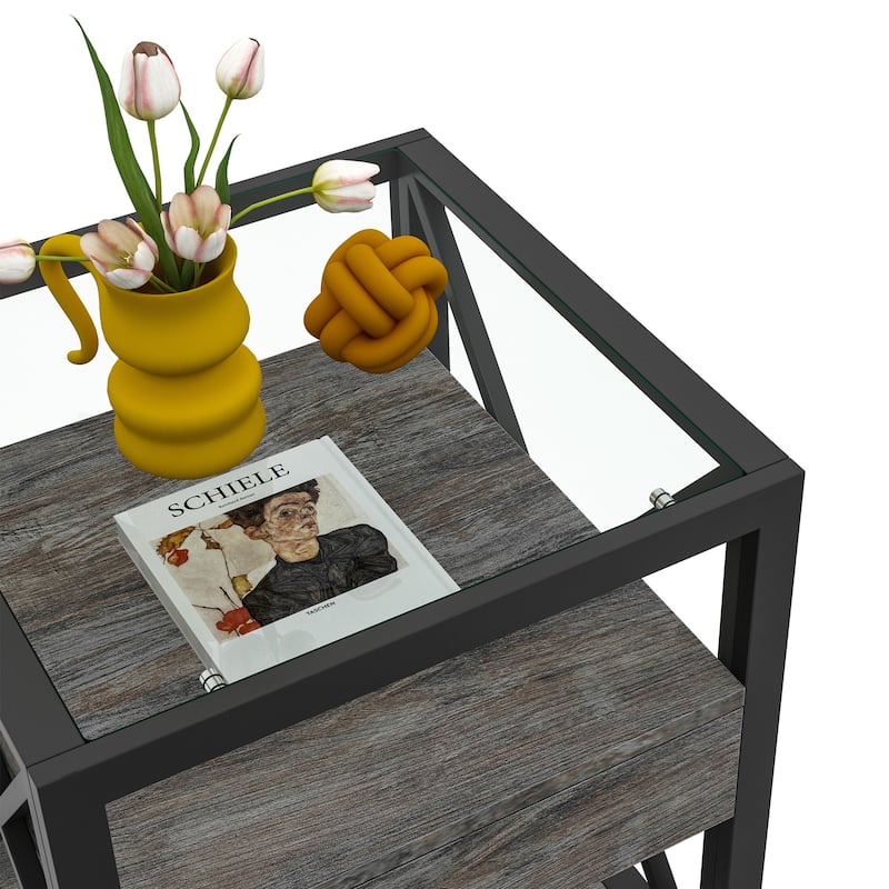 Set of 2 Modern End Table with Drawer - Nightstand,Rustic Wood Grain MDF & Tempered Glass Top,Industrial Style Side Table