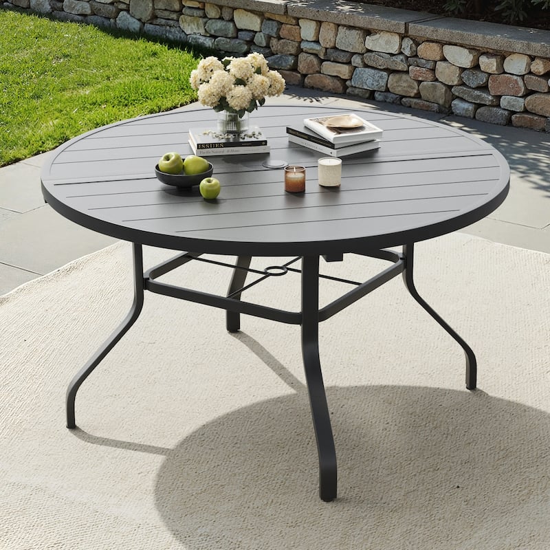 Round Outdoor Patio Dining Table, 47" Round Patio Table Wood-Like Grain with 1.57" Umbrella Hole, Metal Outdoor Dining Tables