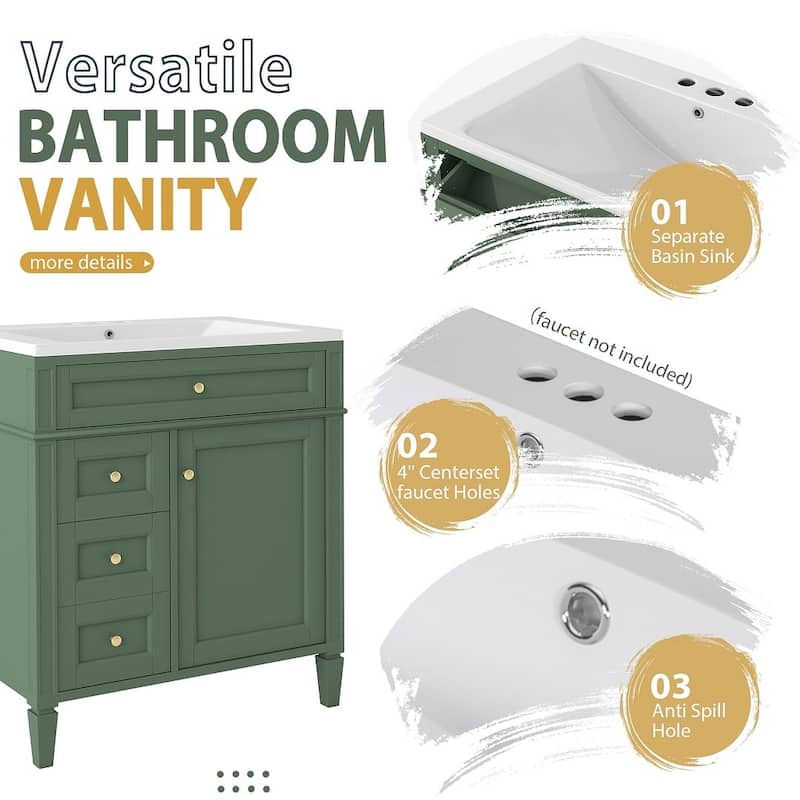 30" Modern Bathroom Vanity with Top Sink and 2 Drawers and a Tip-out Drawer