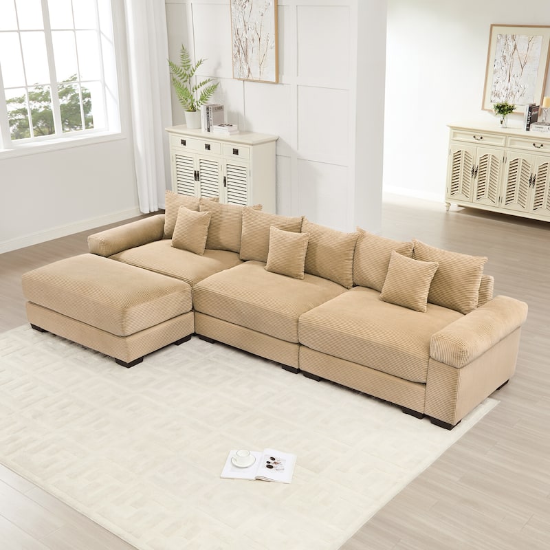 Oversized Corduroy Cloud Modular Sofa with Throw Pillows - Camel(3 Seat+1 Ottoman)