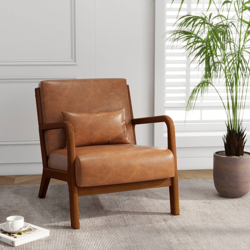 Mid Century Solid Wood Upholstered Accent Chair - LIGHT BROWN/PU/BROWN WOOD HIGH SIDE FRAME
