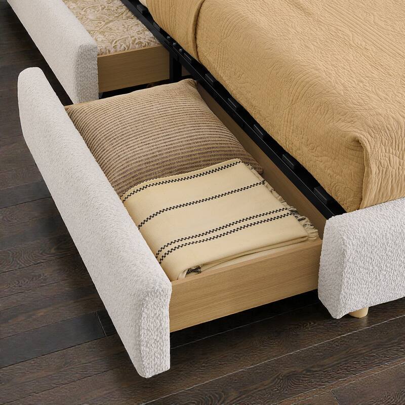 Upholstered Bed Frame with Tall Curved Headboard and Storage Drawers, Modern Minimalist Platform Bed No Box Spring