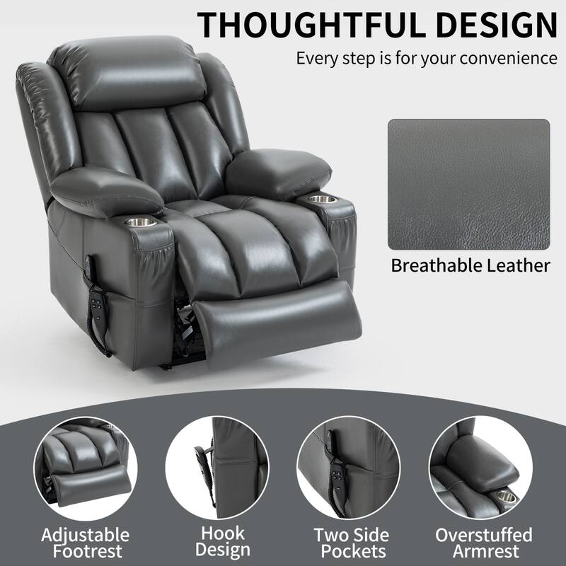 Roomfitters Dual Motor Power Lift Recliner Chair with 180 Degree Flat Recline Heat Massage Sofa with Cup Holders, Grey