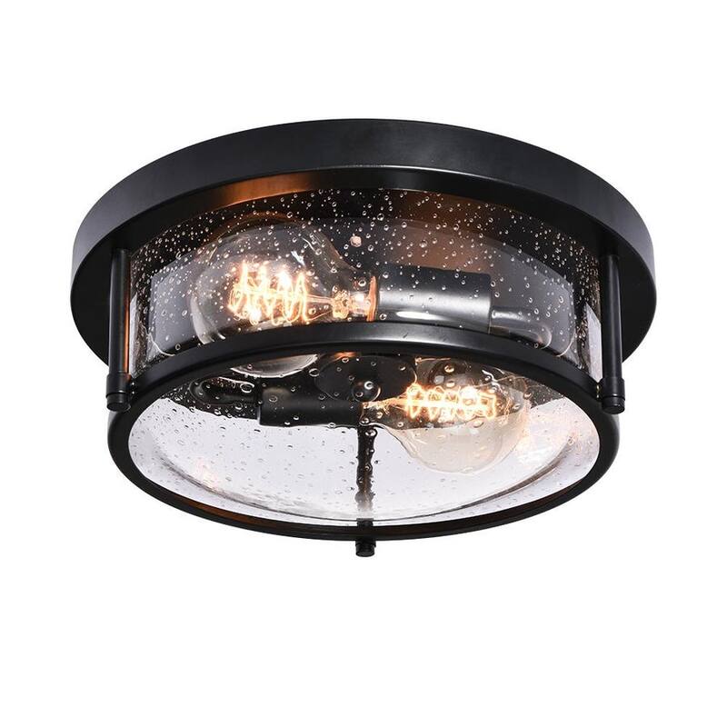 Farmhouse Black Round Seeded Glass Drum Semi Flush Ceiling Light -12in