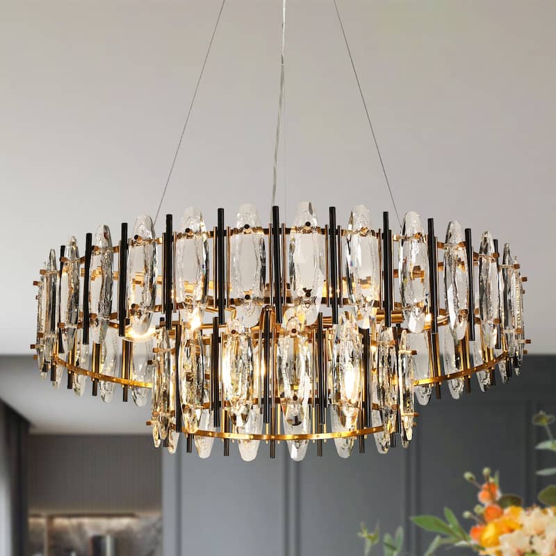 Modern Luxury 2-Tier Black Gold Crystal 10-Light Drum Chandelier for Dining Living Room - Dia. 32.3" x H 11.4"
