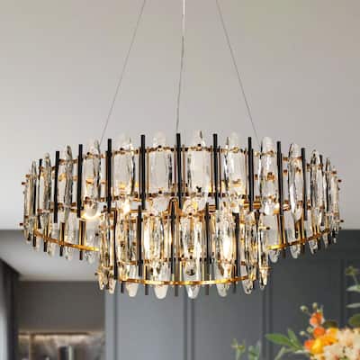 Modern Luxury 2-Tier Black Gold Crystal 10-Light Drum Chandelier for Dining Living Room - Dia. 32.3" x H 11.4"