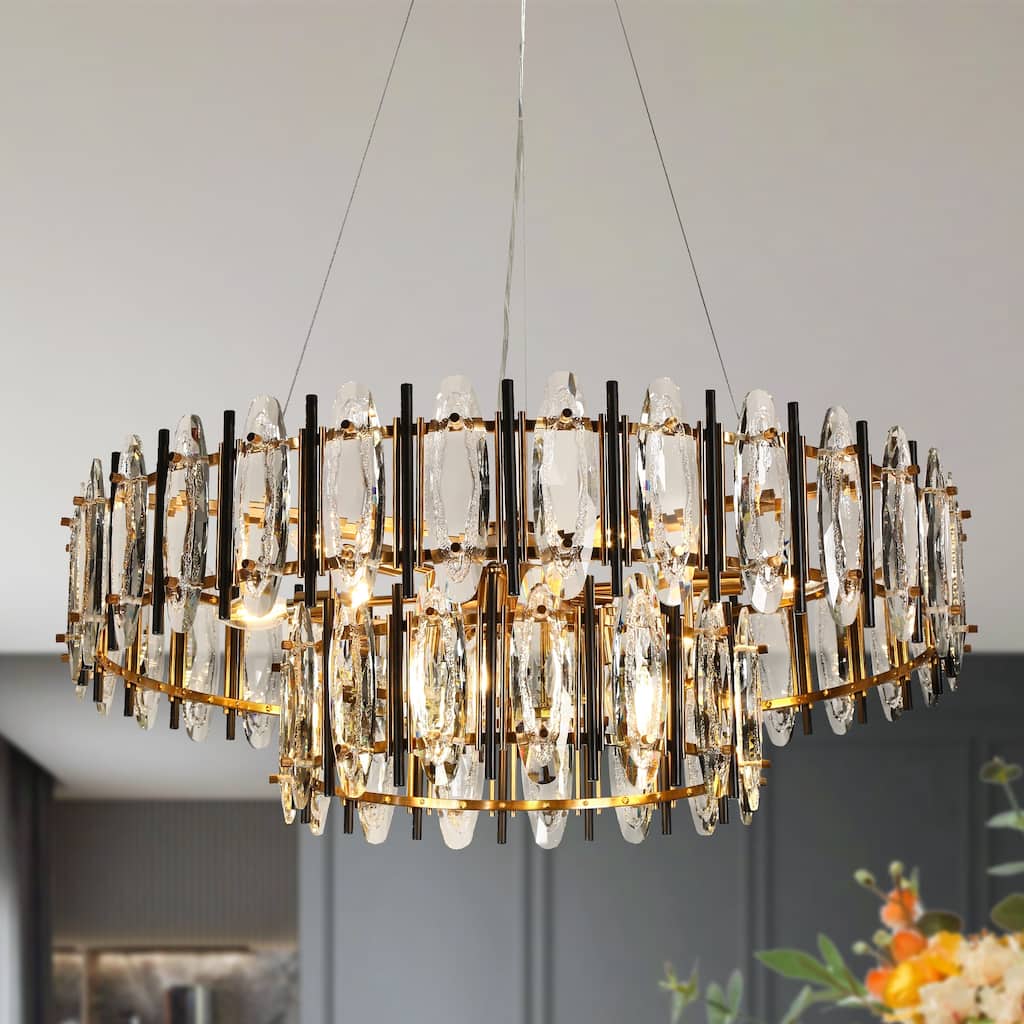 Modern Luxury 2-Tier Black Gold Crystal 10-Light Drum Chandelier for Dining Living Room - Dia. 32.3" x H 11.4"