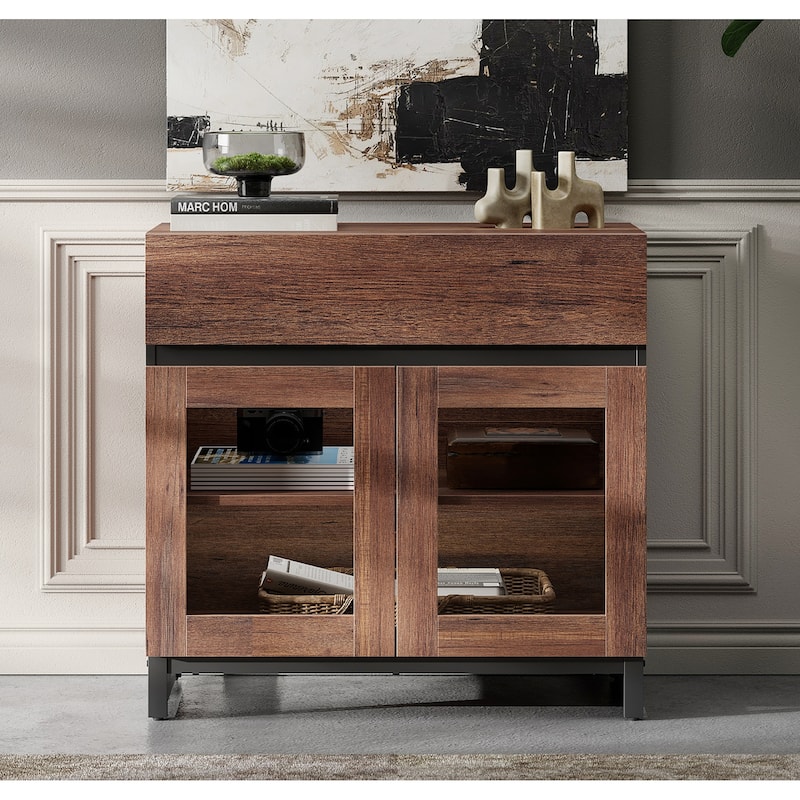 WAMPAT Modern TV Stand with Glass Doors for 110 inch TVs, Entertainment Center Console with 3 Drawers and Metal Base