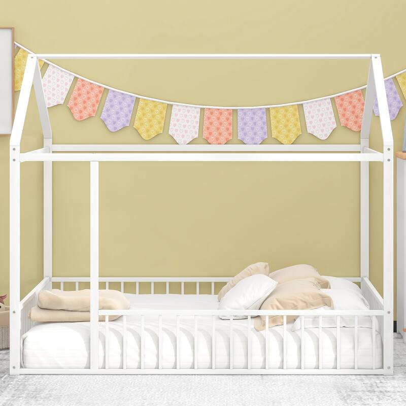 Full Size Metal Bed House Bed Frame with Fence, for Kids, Teens, Girls, Boys,White