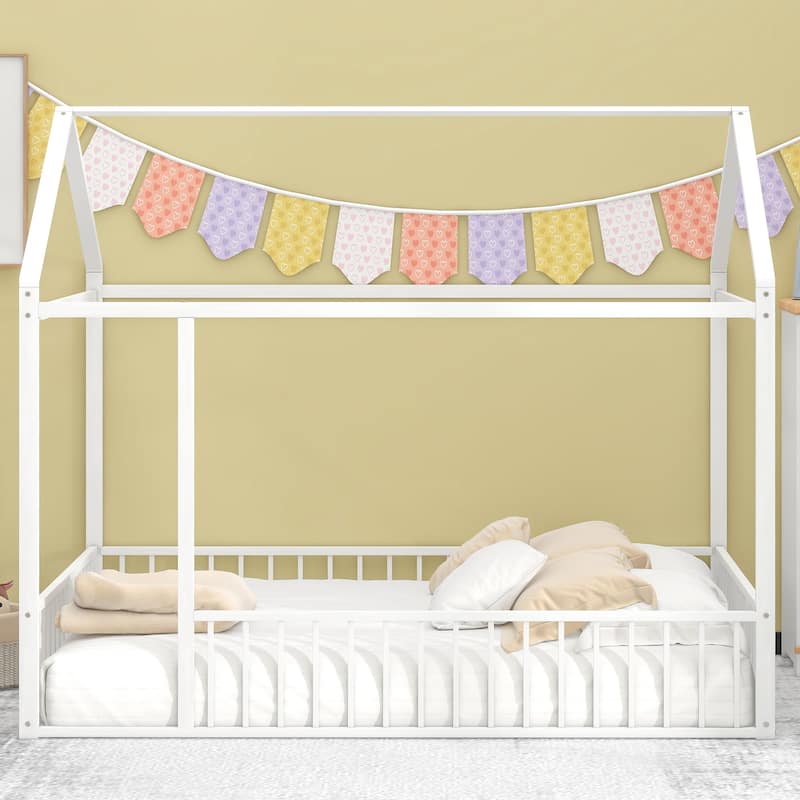 Metal House Bed Frame with Fence and Roof for Kids, Teens, Girls, Boys