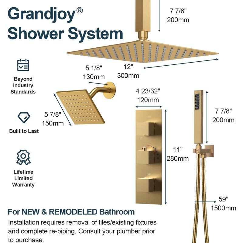 GRANDJOY 12" Ceiling-Mount Shower System Rainfall Shower Head with Anti-Scald Valve