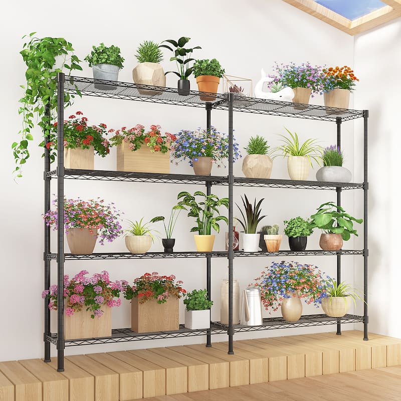 4-Tier Double-Sided Black Iron Display Rack with Adjustable Shelves and Non-Slip Feet - 147(L) x 35(W) x 150(H) cm