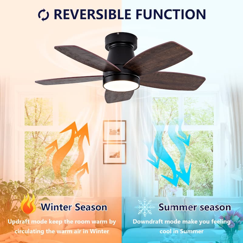 Ceiling Fans with Lights and Remote, 32 Inch Low Profile Ceiling Fan with Light, Flush Mount, Reversible - Black + Dark Walnut