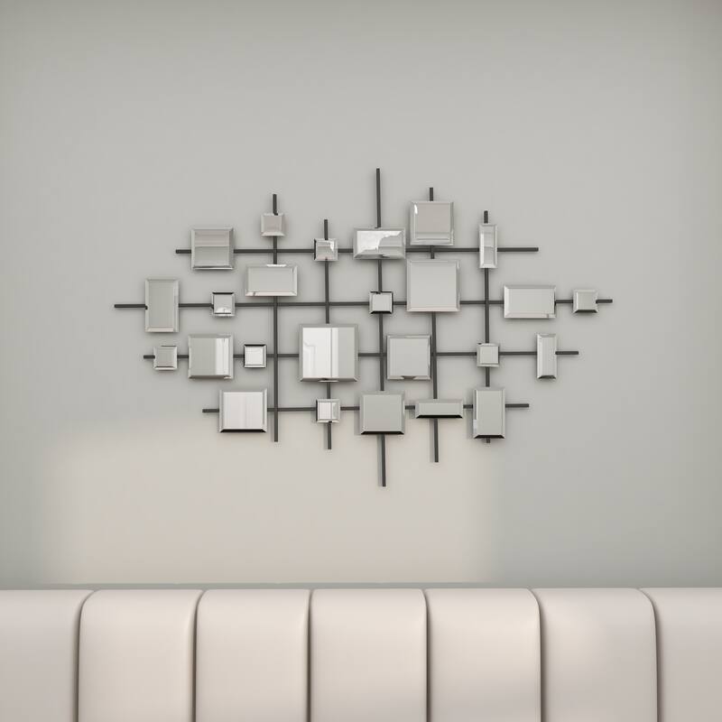 Black Metal Geometric Home Wall Decor with Square Mirrored Accents