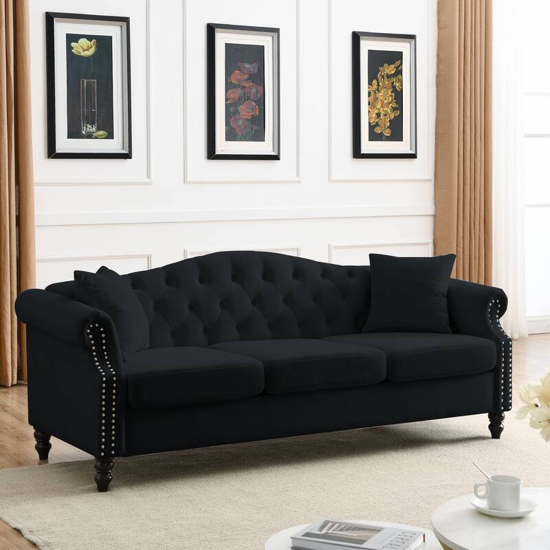 3+3 Combination Velvet Sofa Set, Two 3-Seater Chesterfield Couches with Rolled Arms and Nailhead Detail